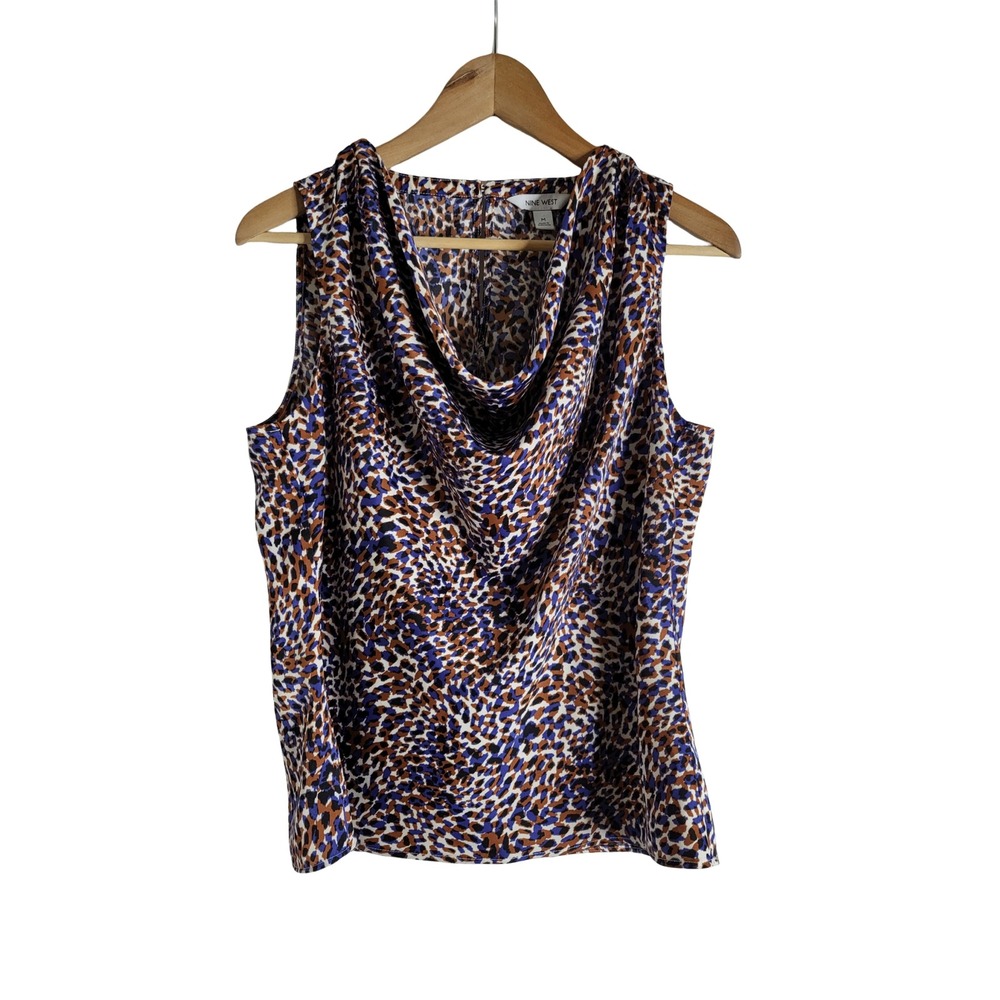 Nine West Blue Brown Animal Print Cowl Neck Blouse M Mosaic Corporate Boho